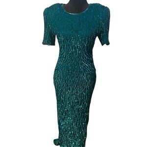 VintageLaurence Kazar NY Womens Sequin Cocktail Dress Turquoise/L Back Zip 90s